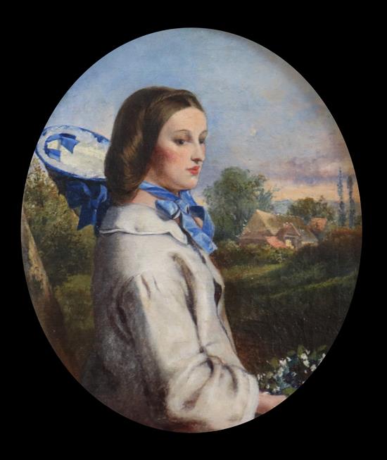 Attributed to Auguste Leopold Egg Portrait of a lady wearing a blue bonnet oval, 11.5 x 9.5in.